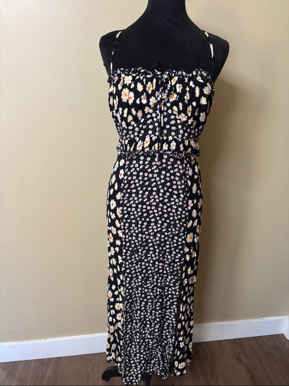 Free People Black Floral Smocked Maxi Dress with Cream & Yellow Accents